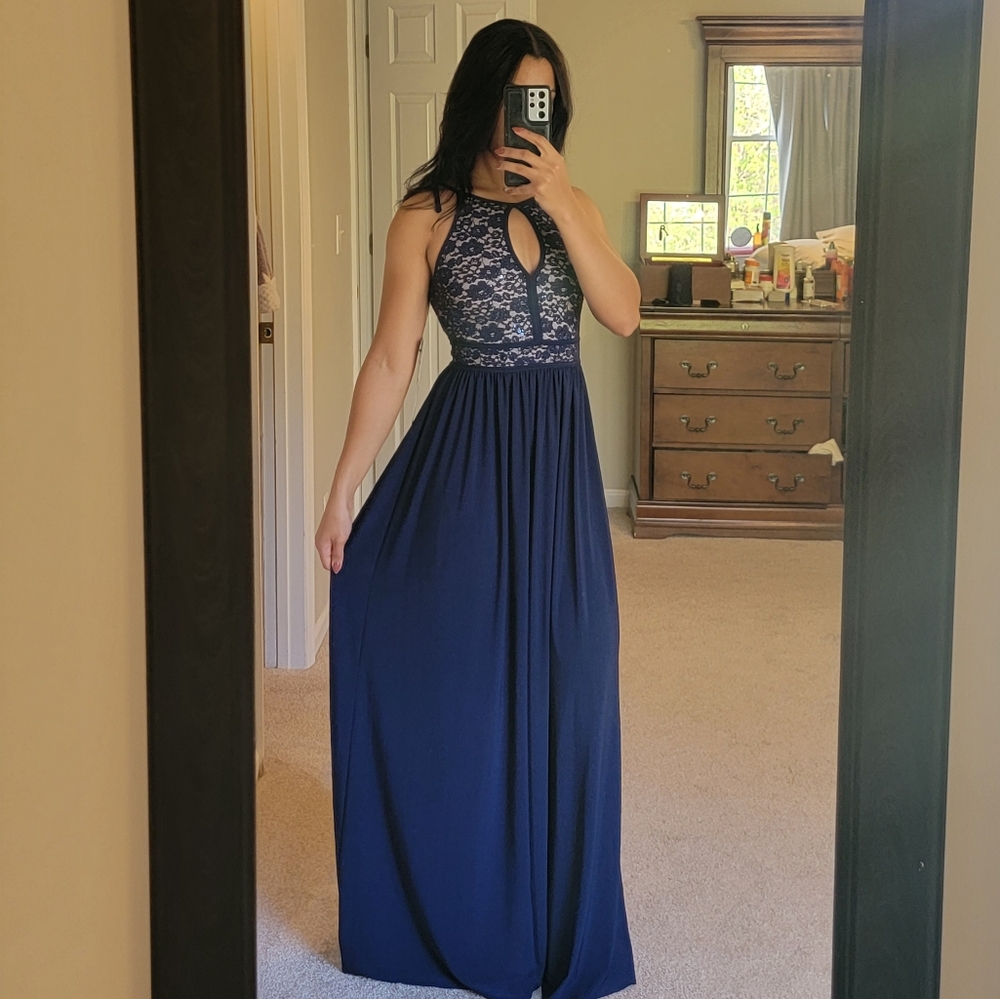 NWT Morgan & Co. Halter Top Long Prom Dress, Navy Blue, Size 1